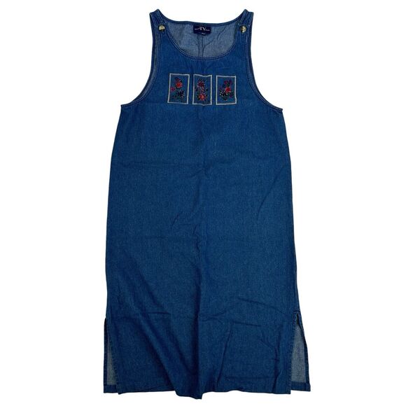 Original TY Wear Denim Blue Jean Sleeveless Dress Jumper Embroidered Flowers 14 - Picture 1 of 15